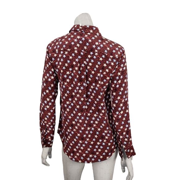 Sandro Paris 100% Silk Button up Blouse Burgundy with stars print Women's S - Picture 3 of 9